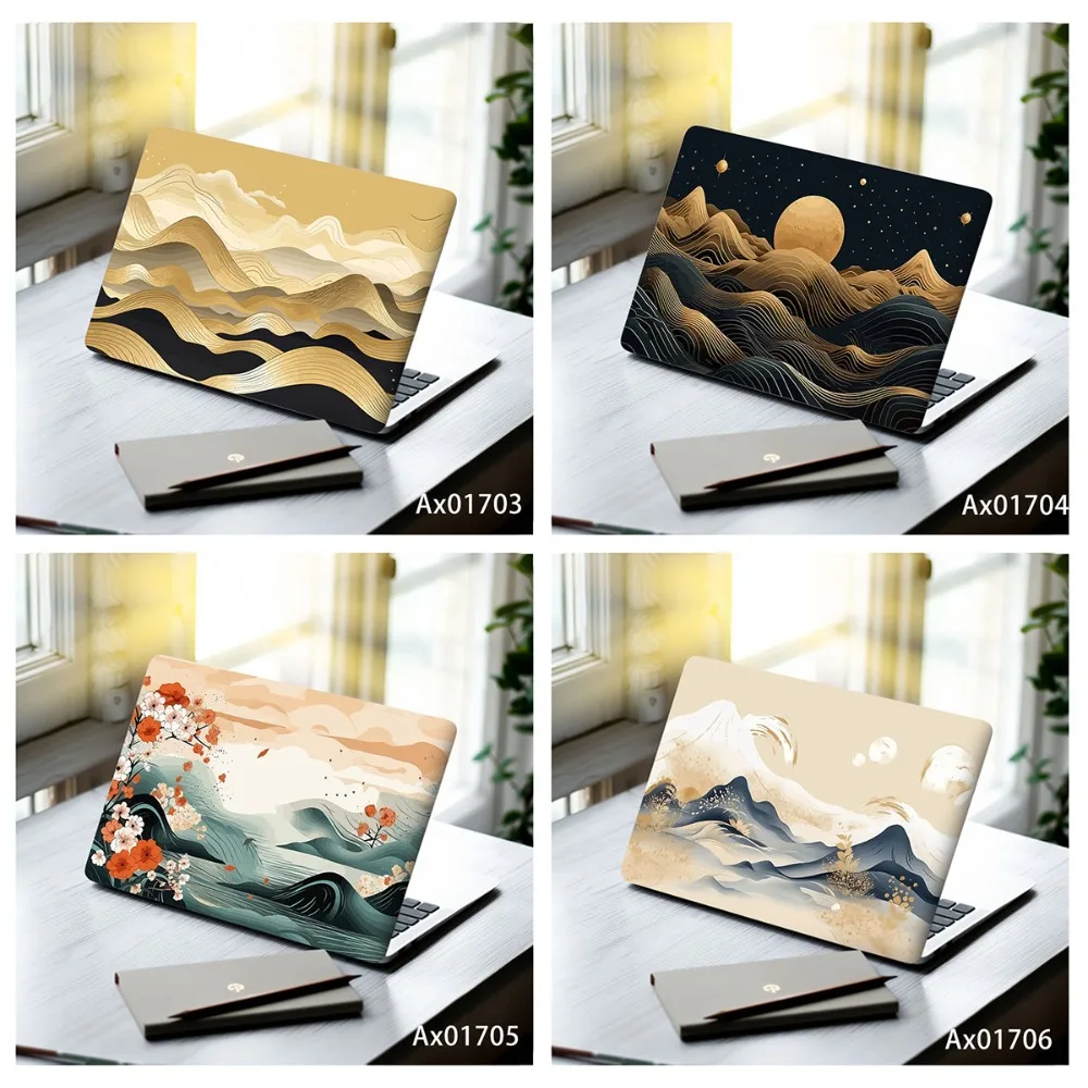 Oriental Gilded Mountain Landscape Laptop Skin Sticker, 2‑Pcs Anti‑Scratch Waterproof Vinyl Notebook Renovation Decal Set