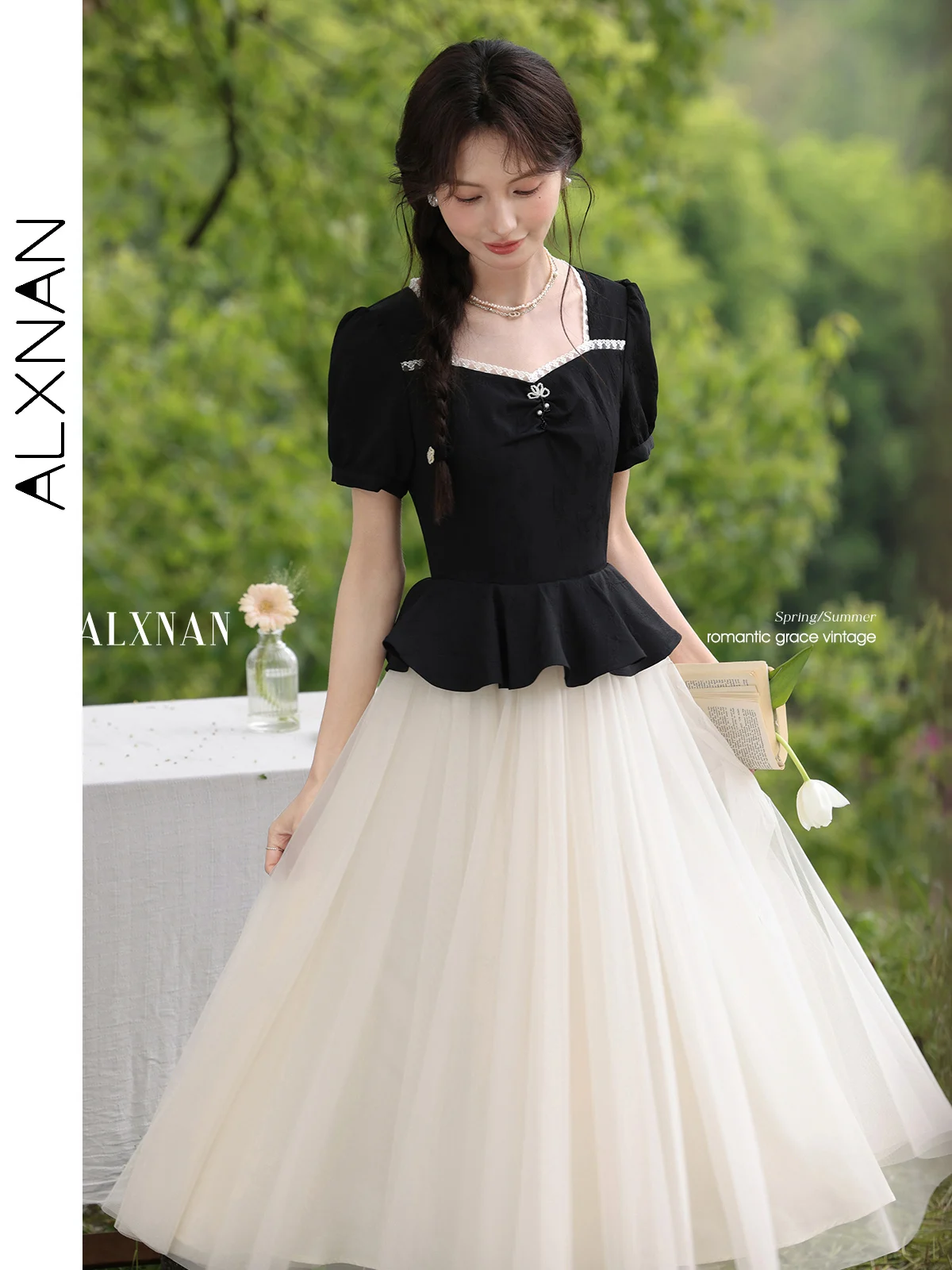 

ALXNAN Women's Long Dress Elegant Black White Patchwork Midi Dress 2025 Summer Holiday A-line Casual Ladies Clothing New L55667