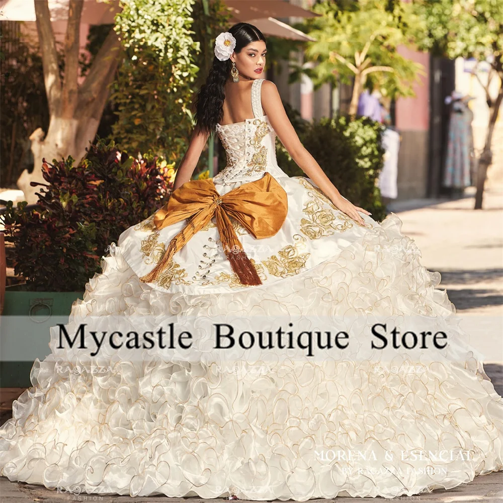 Mexico 2023 White Ball Gown Quinceanera Dresses 2023 Appliques Beads Crystal Tiered Ruffle Sweet 16 Dress Prom Party Gowns