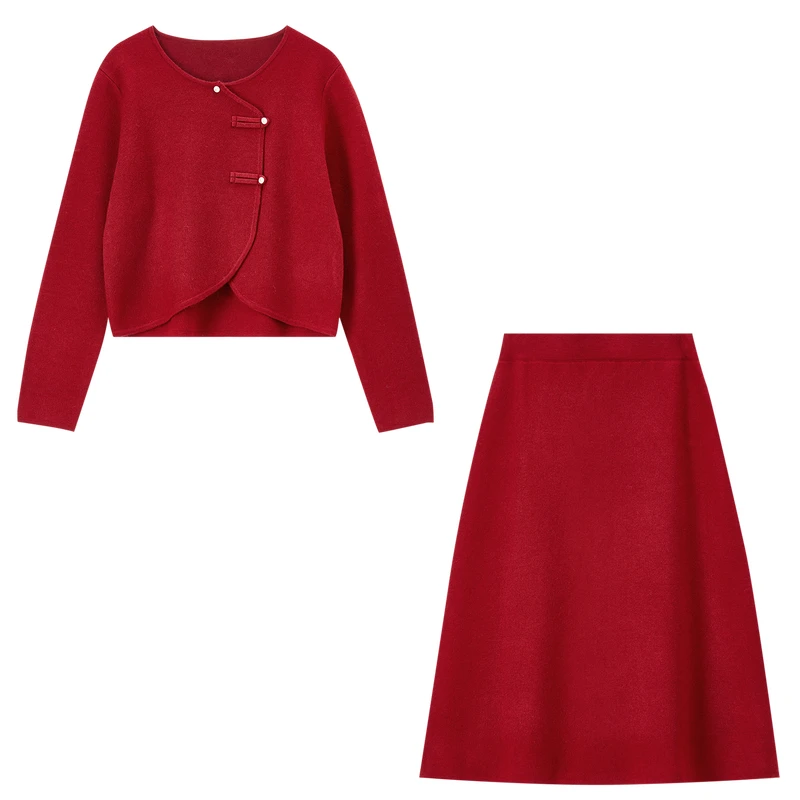 SENTUBILA Chinese Style Knitted Skirt Set Knotted Buttons O-neck Tops Midi A-Line Skirt 2025 Autumn Two-Piece Sets W53ZF4043