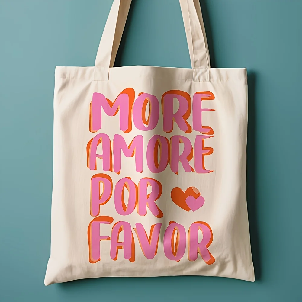 1 MORE AMORE POR FAVOR Reusable Tote Bag - Durable Polyester Shopping Bag, Pink Orange Letter Design, for Beach, Shopping, Trave