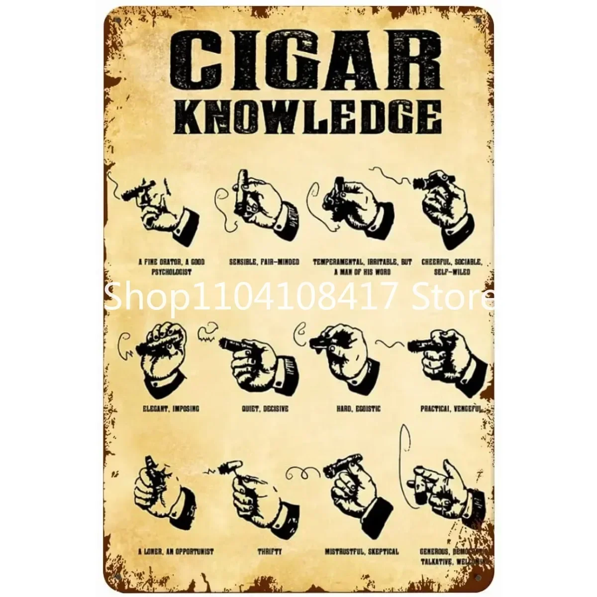 Cigar Shape Cigar Knowledge Size Cigar Lover Gold Logo Printed Club Party Poster Metal Tin sign Logo poster 16x12inch 40x30cm