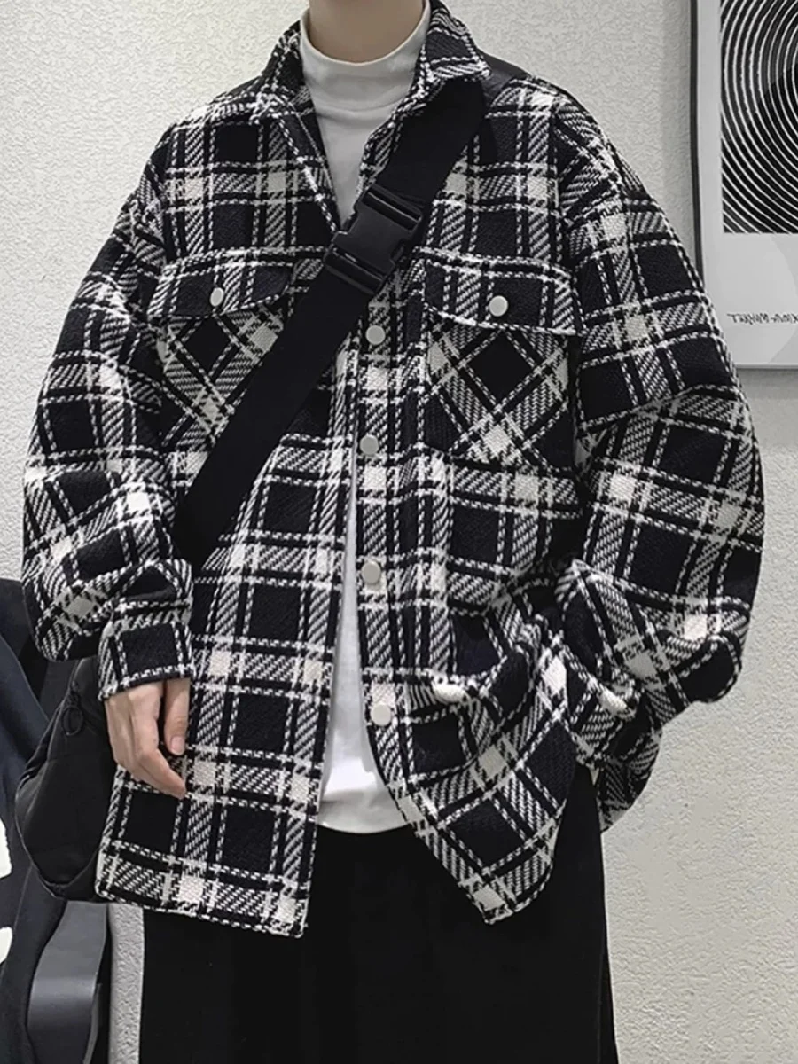 

Men's Plaid Jaet Spring Autumn Sle Youthful Trendy Brand Loose Fit Long Sve Windproof irt Jaet with Button Decoration