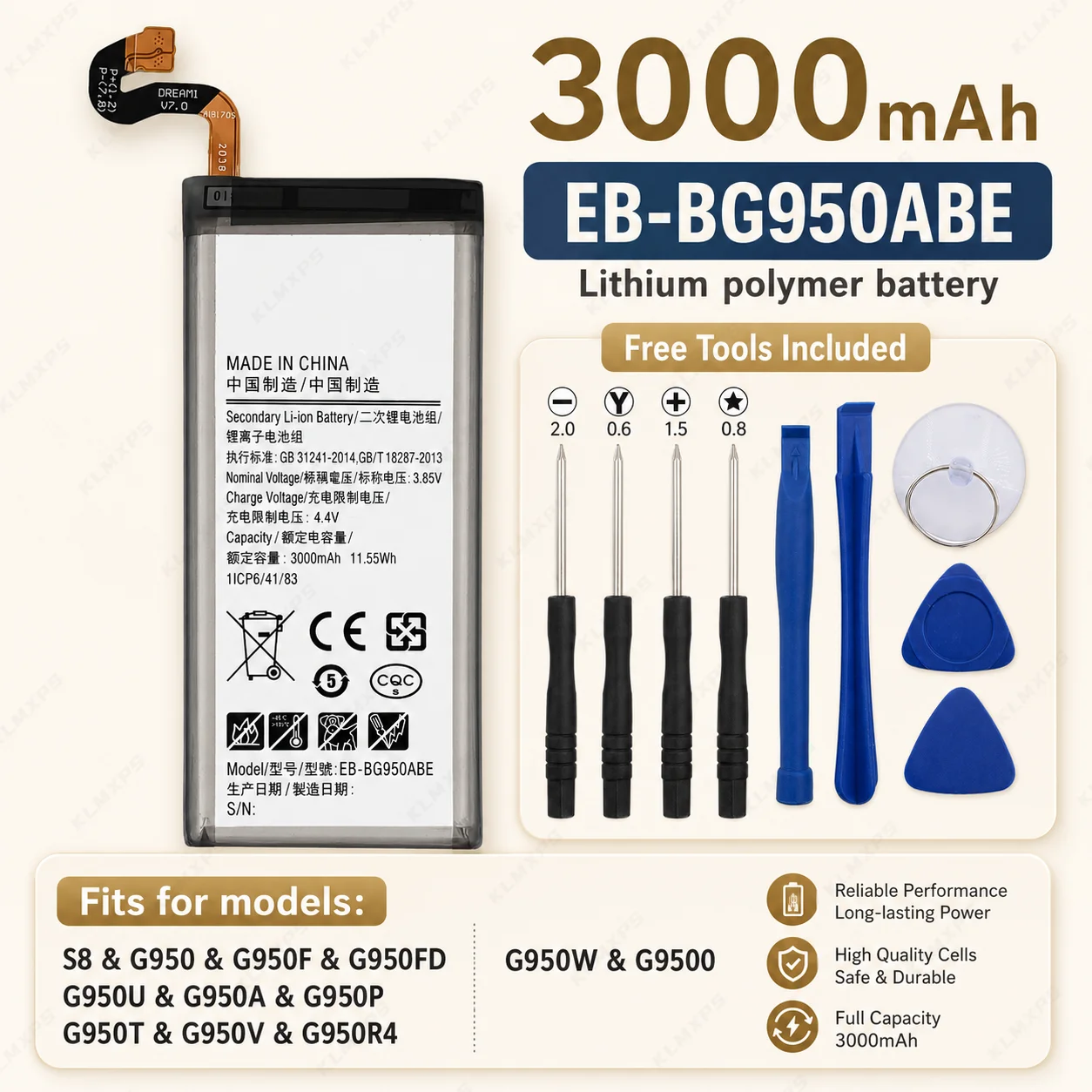 High Density 3000mAh Lithium Battery EB-BG950ABE EB-BG950ABA for Samsung SM-G950 G950U G950F G950A Repair with Free Tools