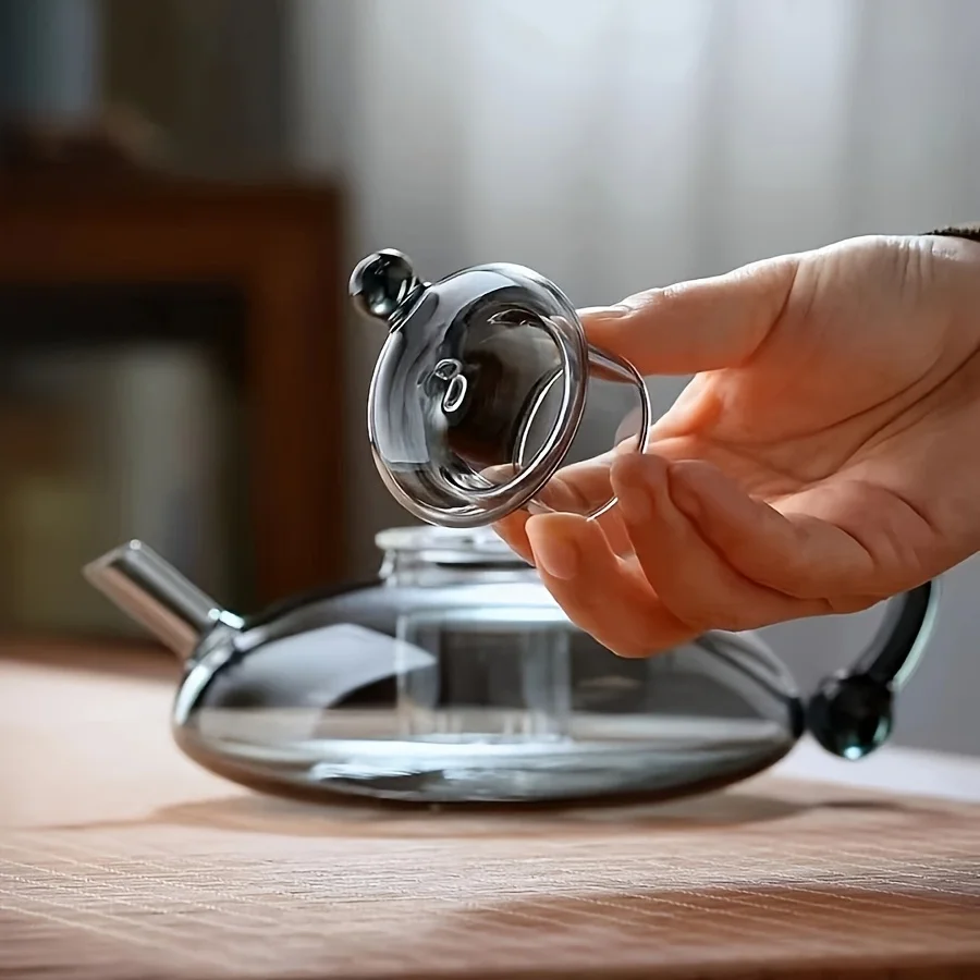 Smoke Gray Heat Resistant Glass Teapot Tea Pot with Lid for Tea Coffee Stylish Brewing Teapot Home Kitchen Office Daily Use Gift