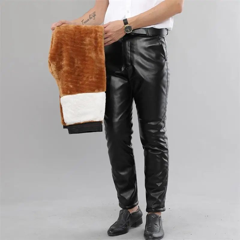 Men's Leather Pants Autumn Winter Windproof Straight Locomotive Warm Middle-Aged And Elderly Pu Leather Pants