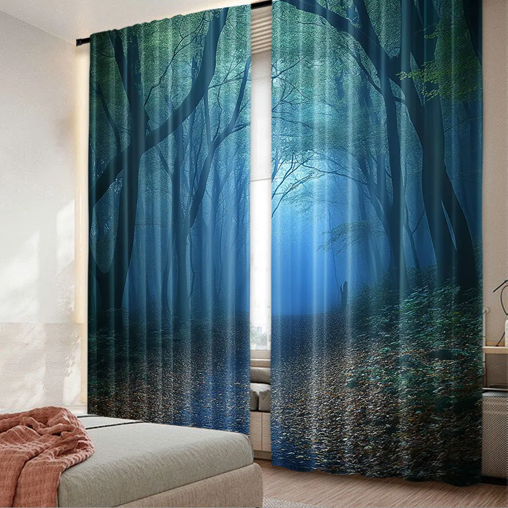 

2Pcs Dark Foggy Forest Backdrop Curtain Autumn Forest Old Trees Landscape Green Leaves Blue Fog Nature For Living Room Bedroom A