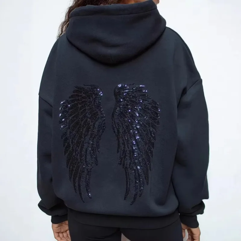 Leisure Spring and Autumn Sweater Wing Print and Hot Rhinestone Two Styles Women's Long-sleeved Pullover Hoodie