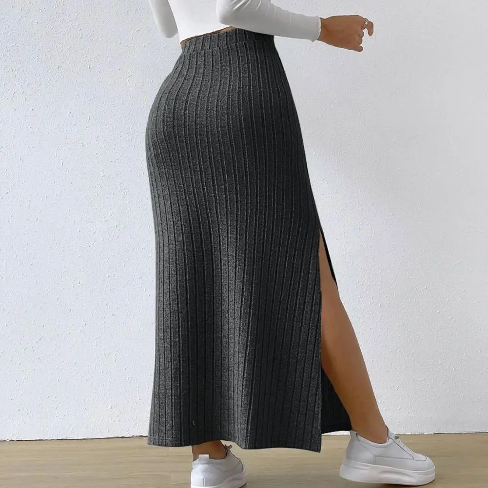 Fall Winter Skirt Knitted High Waist Thick Elastic Ankle Length Striped Slim Split Hem Sheath Women Maxi Skirt