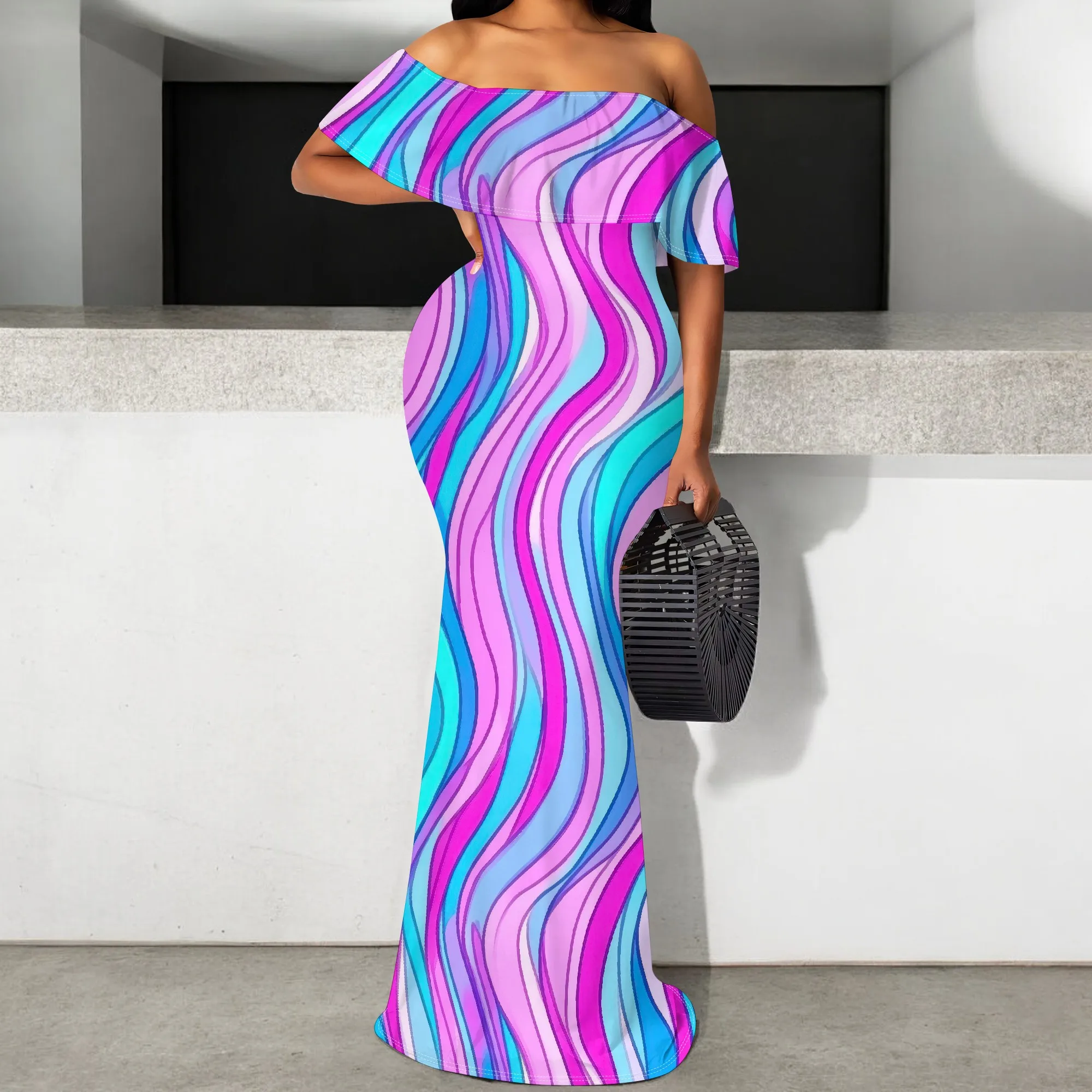 

Plus Size Off-Shoulder Mermaid Dress for Women Abstract Wave Print Ruffle Summer Vacation Gown S-3XL