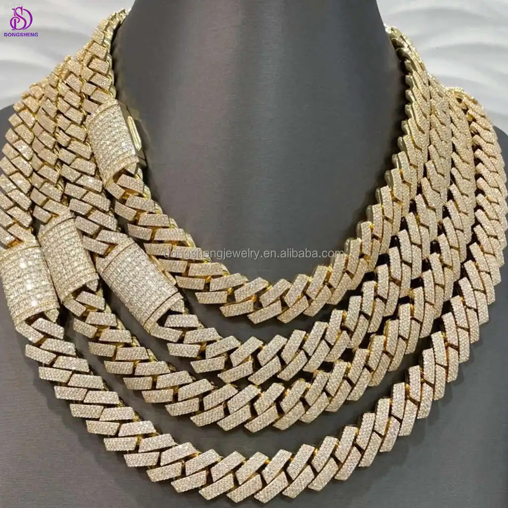 Luxury Jewelry 925 Silver Necklace 18mm 20mm Silver/10k/14k/18k Gold Moissanite 4 Rows Prong Iced Out Vvs Miami Cuban Link Chain