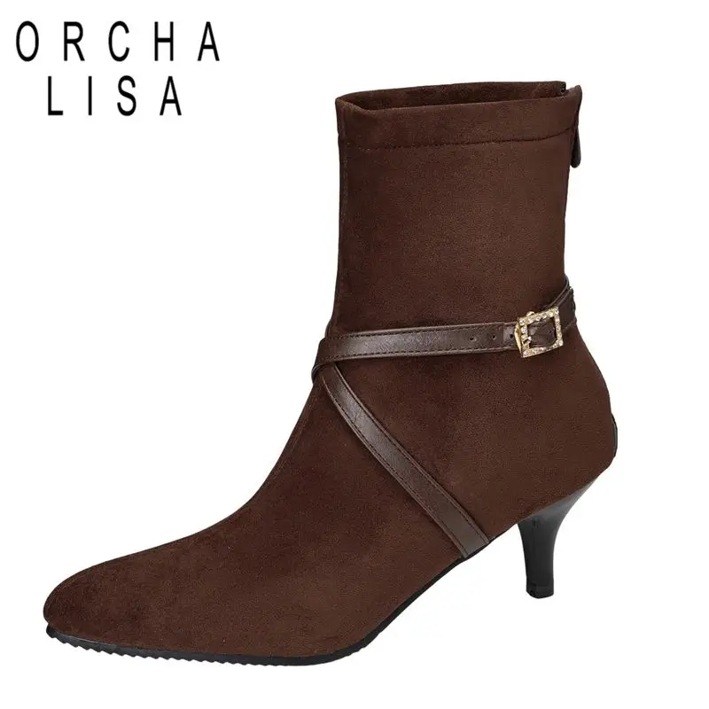 

ORCHA LISA Брендовые сексуальные женские ботильоны с круглым носком на тонком каблуке 6 см из флока, замша, пряжка на молнии, большие размеры 46 47 48 Dating Bota