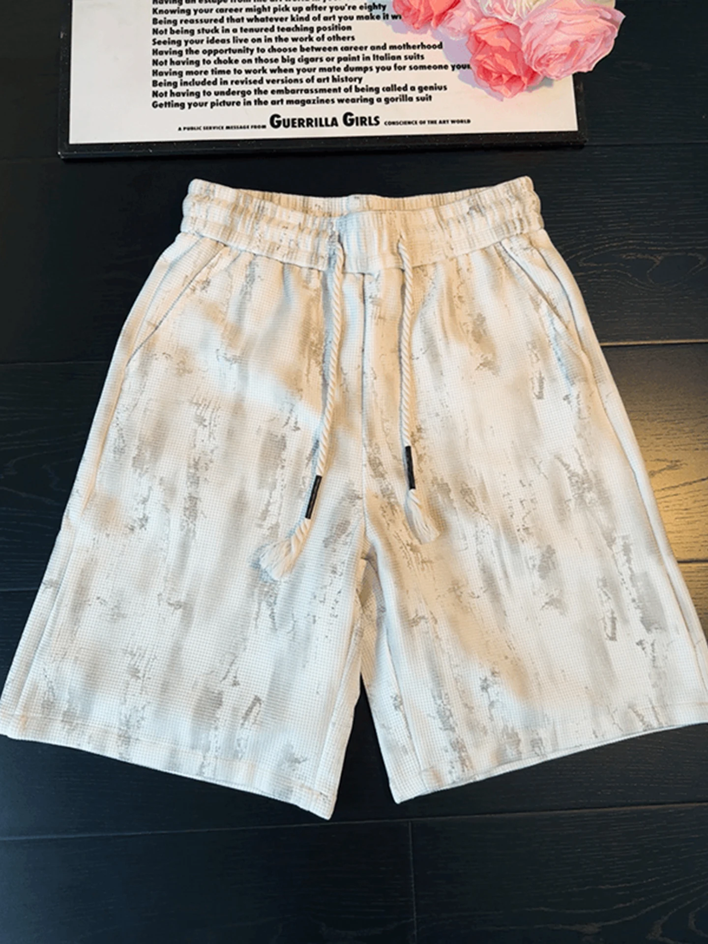

White Dyed Ice Silk Sports Shorts Men's Summer American Style Loose Fit Casual Half Length Breathable Waffle Patterned Shorts