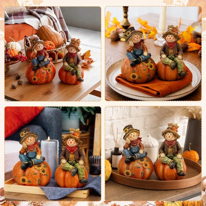 Autumn Harvest Pumpkin Scarecrow Desktop Decoration 2-piece Set Thanksgiving Sunflower Maple Leaf Home Desktop Decoration