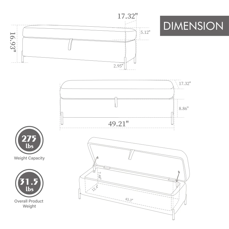 Poggiapiedi da banco morbido imbottito in velluto da 49,21 pollici di larghezza, ottomano, con gambe in metallo, poggiapiedi, poggiapiedi beige