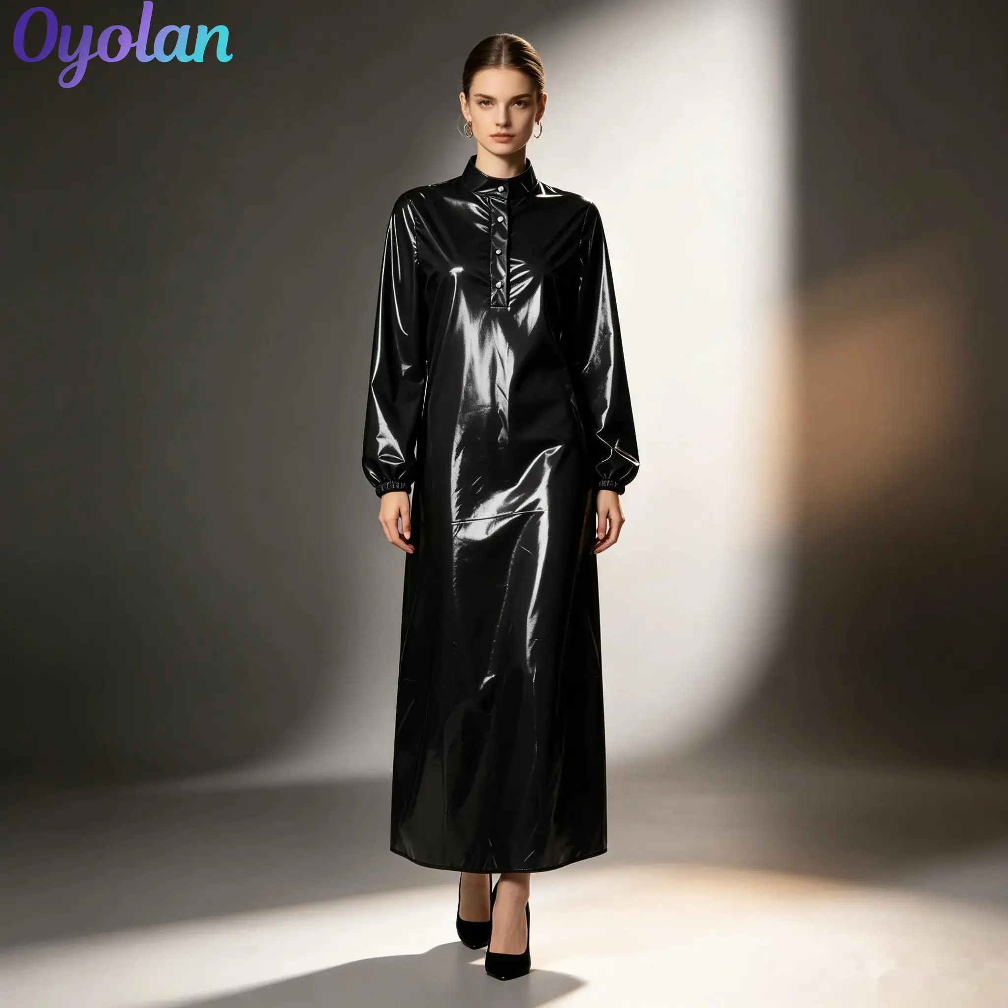 Damen Glänzendes PVC-Maxikleid Club-Rave-Kostüm Stehkragen Langarm Druckknopfleiste Langes Kleid Wet-Look Clubwear