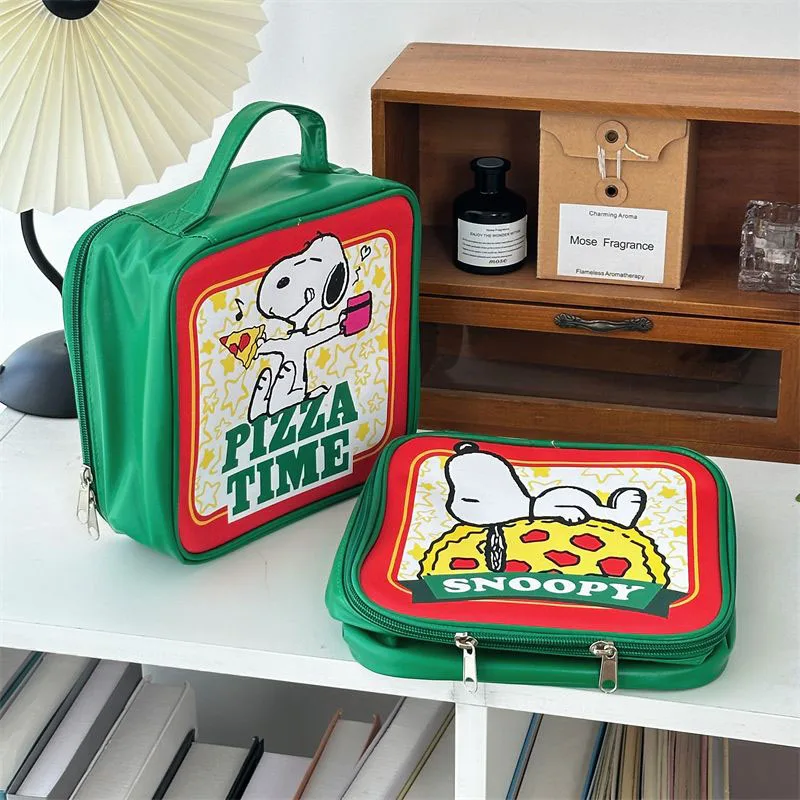 Cute Cartoon Snoopys borsa per il trucco Kawaii Anime Square Pizza Print borsa per il lavaggio impermeabile in pelle portatile di grande capacità