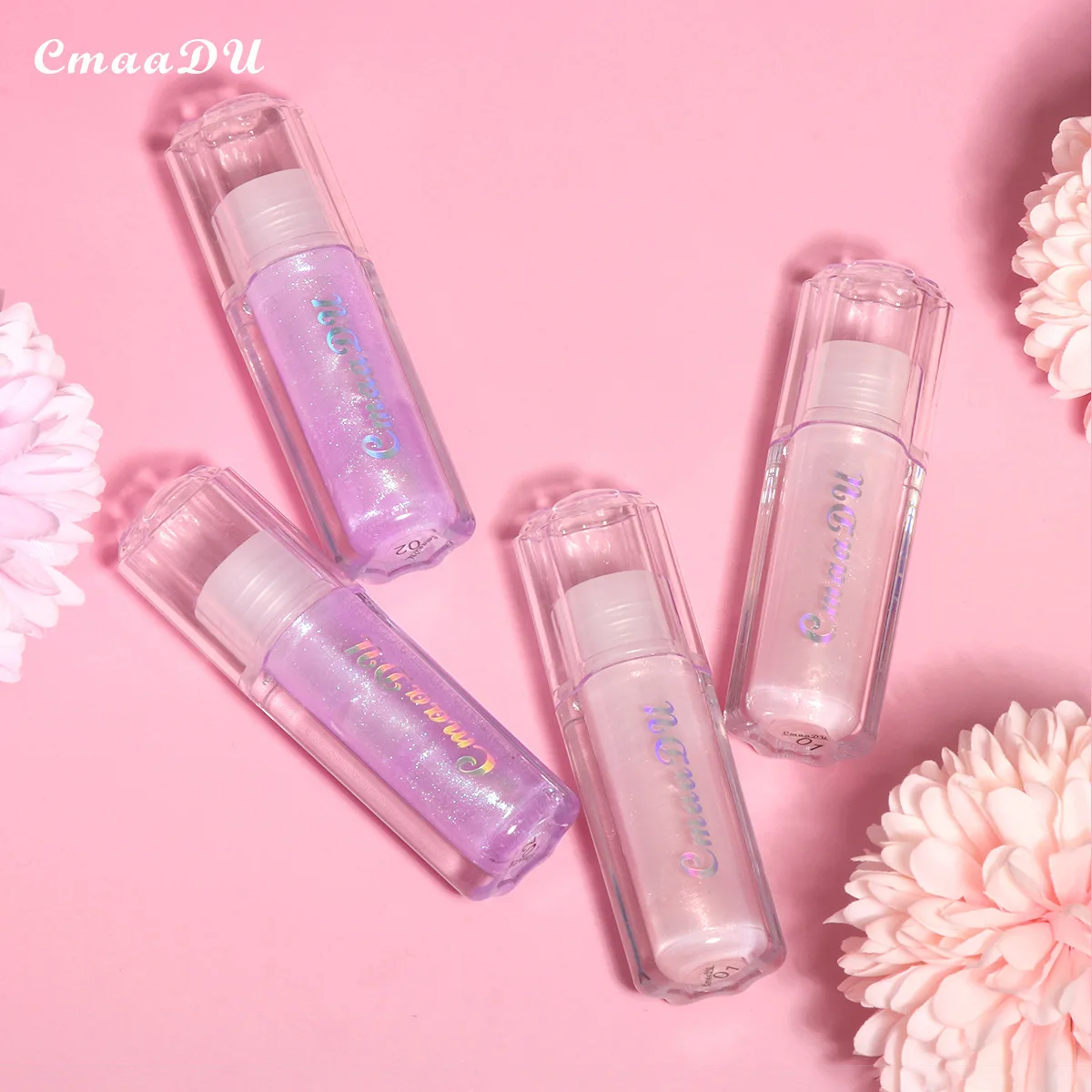 CmaaDU Brilho labial diamante de 2 cores, espelho de água com gás fino, cor e brancura, brilho labial gordo, hidratante