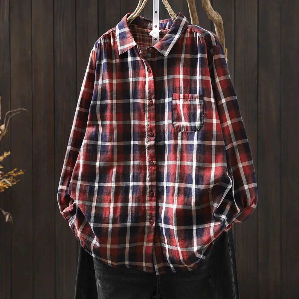 

2026 Enianechu, натуральная хлопковая пряжа, женская клетчатая рубашка, блузка, зимне-осенняя одежда, корейская мода, винтажные красные рубашки в клетку