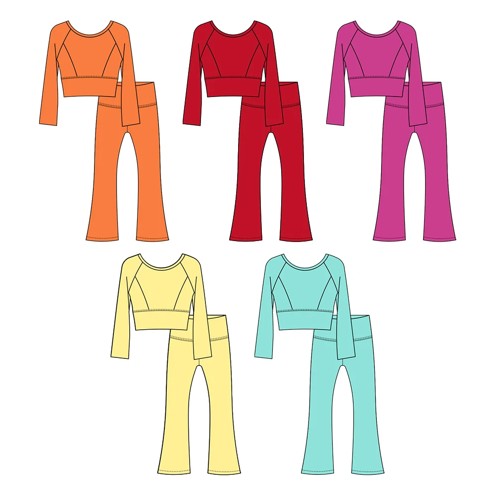 

Bby red orange pink yellow and blue-green long-sleeved tops and flared pants for girls milk silk custom wholesale