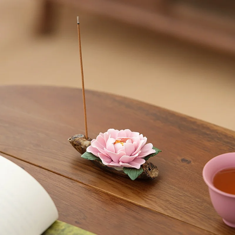 High‑end Ceramic Stick Incense Holder Hand‑Kneaded Peony Decor Incense Burner for Home Aromatherapy Gift for Mom Friends