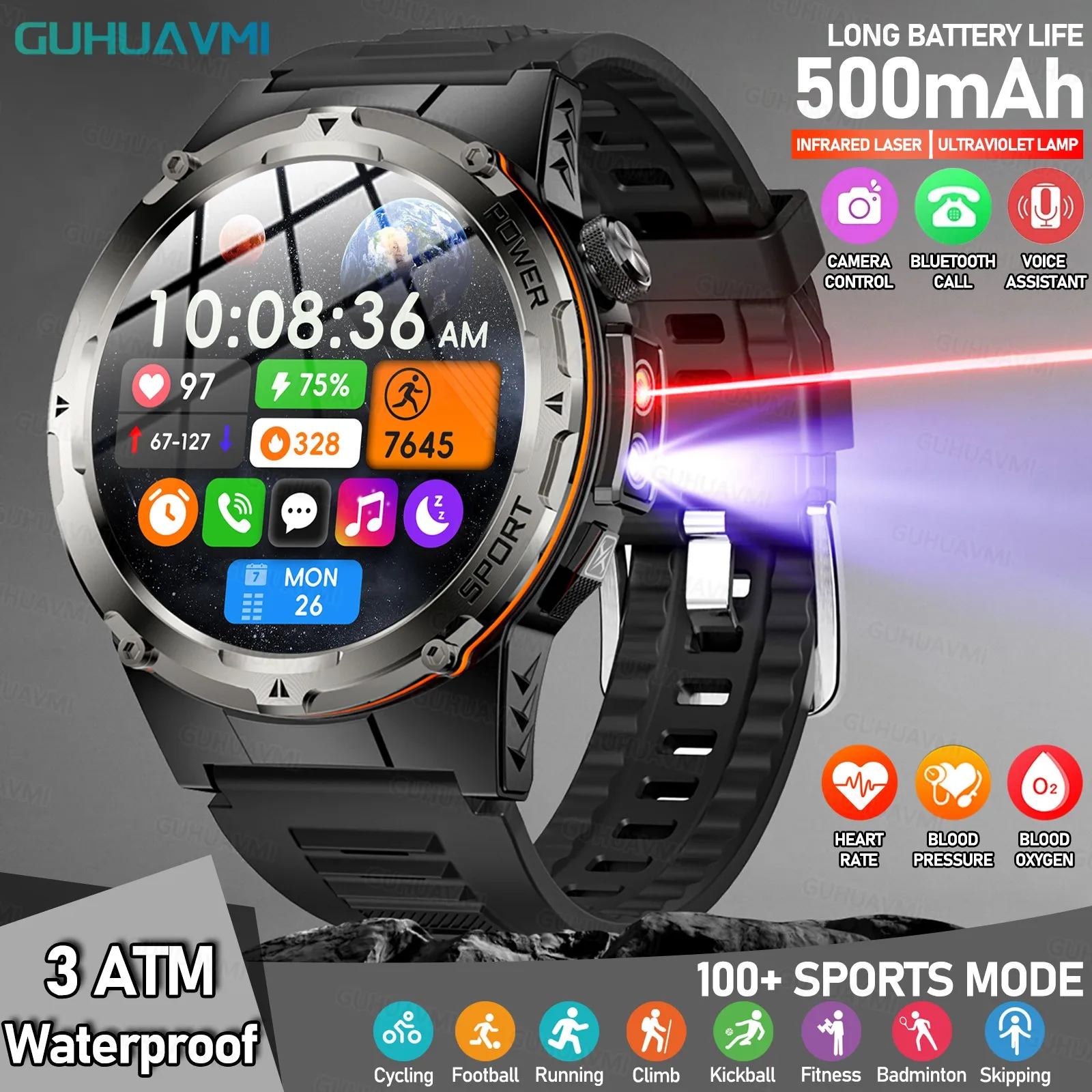 

Новинка 2024 года для XIAOMI, военные умные часы, IP68, водонепроницаемые, для спорта на открытом воздухе, фитнес-трекер, монитор здоровья, BT-вызов, 365NM, лазерные часы