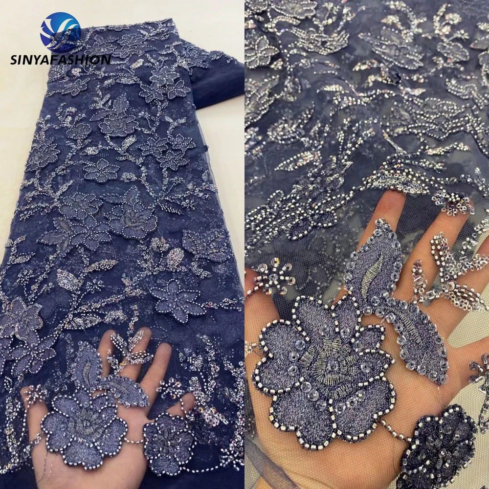 

Sinya Navy Blue Sequins Beads African Nigerian Lace Fabrics 2024 High Quality Orange White Black Beaded Lace Fabrics Luxury