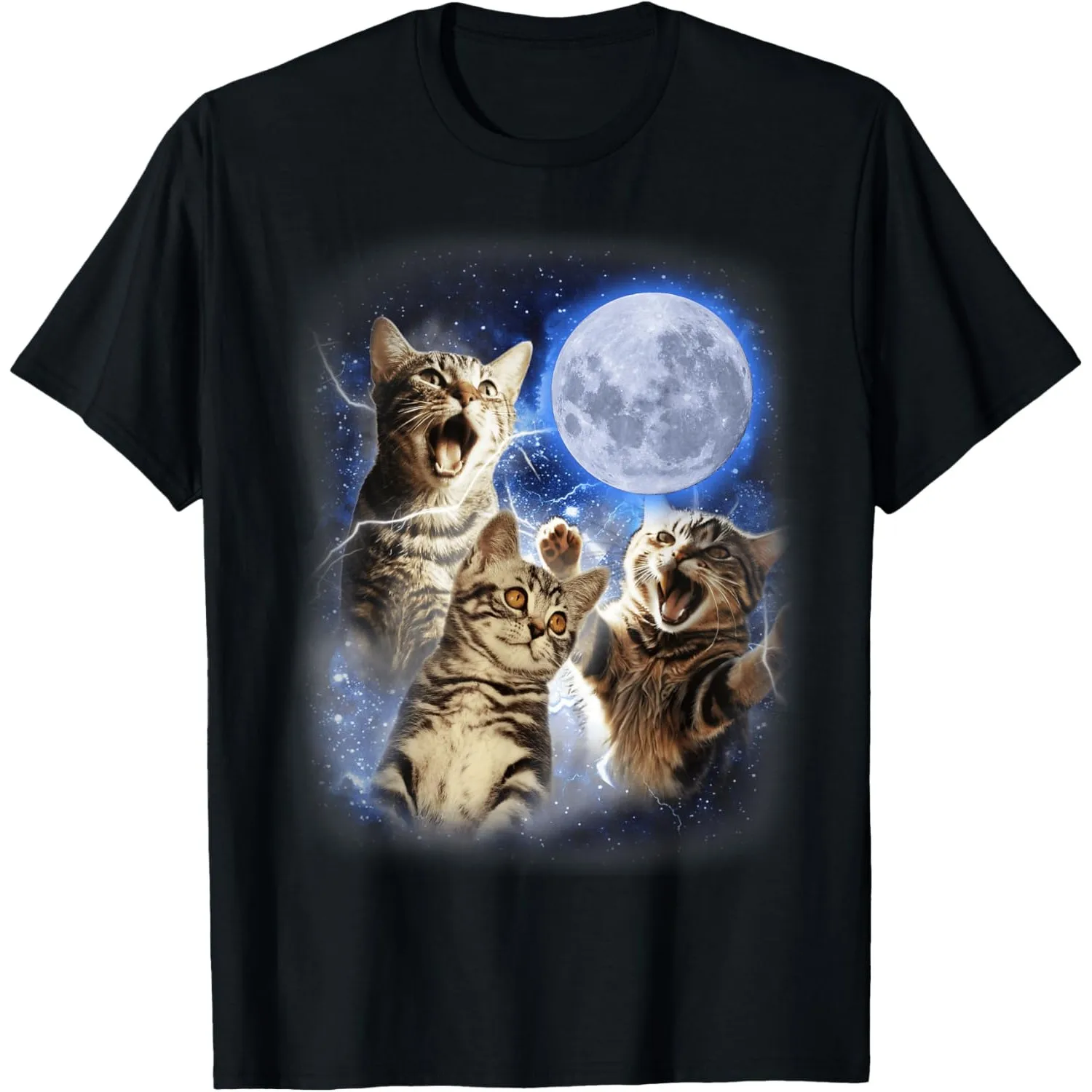 Three Cat Moon Singing Graphic Tee Funny Kitten Graphic T-Shirt for Men Unisex Casual Cotton