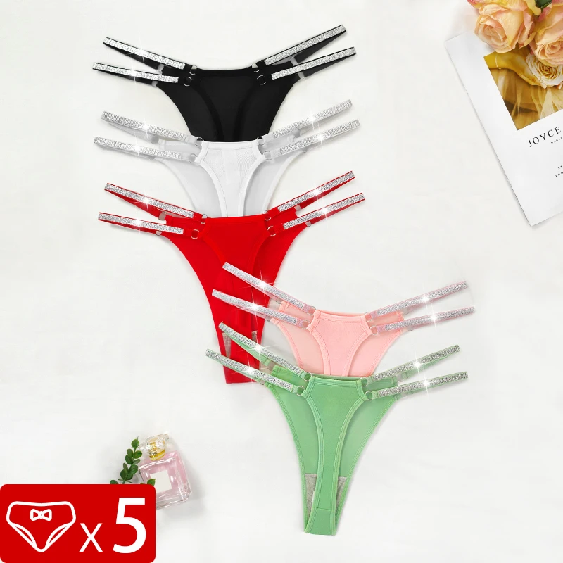 5pcs/Set Women G-string Low Waist Sexy Panties Female Thongs Comfortable Breathable Solid Two Shiny Belts Intimate Lingerie Set