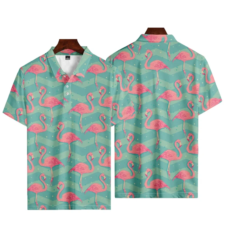 

Hawaiian Holiday Flamingo Print Summer Men's Buttons Polo Shirts Casual Short Sleeve Oversized Tops Fashion Male Camisa Clothing