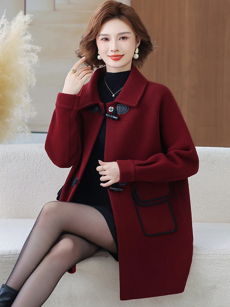 

Шерстяное пальто с большими карманами и пуговицами из рога, модная антивозрастная верхняя одежда средней длины для женщин среднего возраста