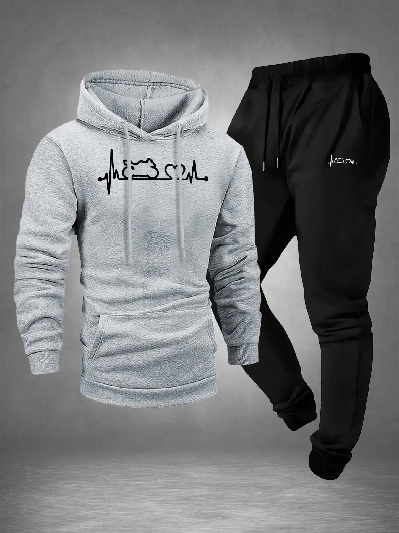Men 2‑Piece Motorcycle Heartbeat Line Print Tracksuit ECG Graphic Hoodie Sweatpants Set Polyester Warm Jogging Suit With - view 3