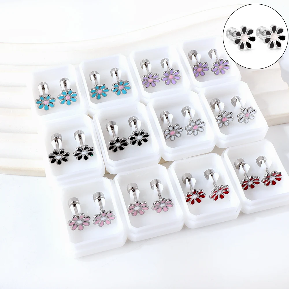 12Pair/Box Flower Daisy Stainless Steel Stud Earrings With Glitter Trendy Cute Hypoallergenic Casual Earrings Jewelry Gift 2024
