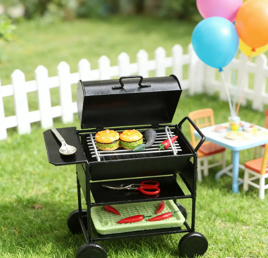 1:12 poppenhuis miniatuur meubilair - simulatie keukengerei buitengrill vierkant BBQ-rek, kinderen fantasiespel speelgoedwagen