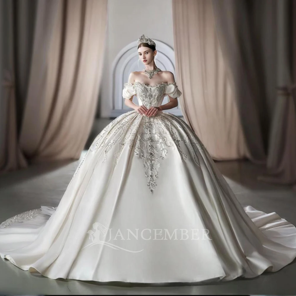 

Short Sleeves Ball Gown Wedding Dress 2025 Scoop-neck Satin Beaded Vintage Princess Bride Gown Customized vestidos de novia boda