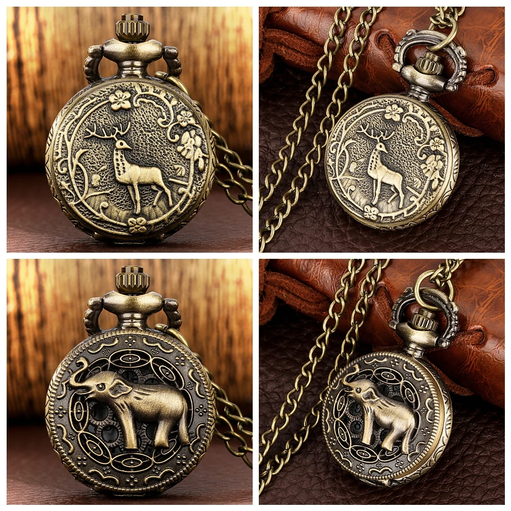 

Little Longhorn Elk Animal Quartz Vintage Pocket Watch Necklace Long Horn Deer Pendant Jewelry Clock Chain Engraved Watches