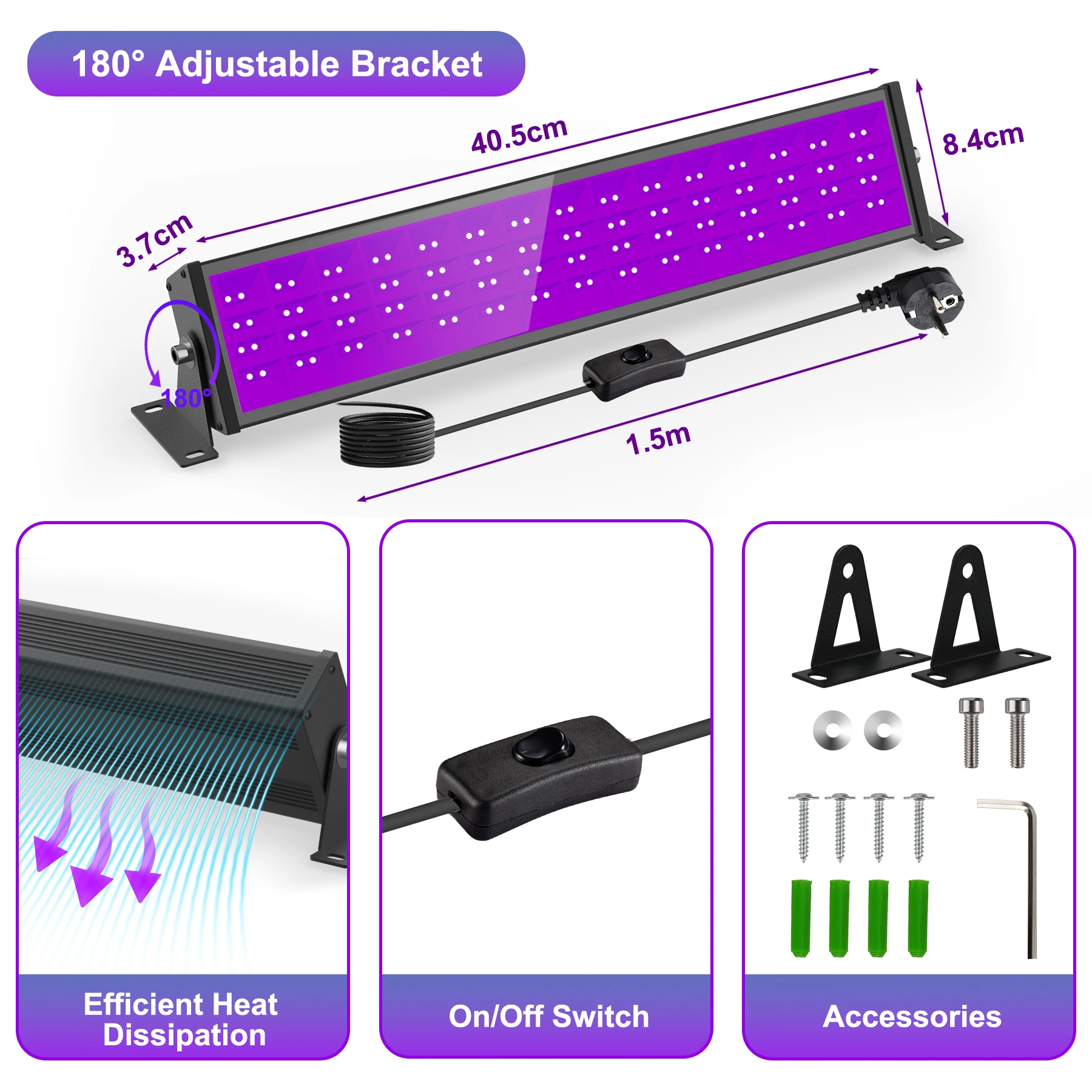 36/72W Black Light LED UV Floodlight EU Plug 400-405NM Fluorescen Glow Disco Ultraviolet Blacklight Tube for Party Stage Decor view 6