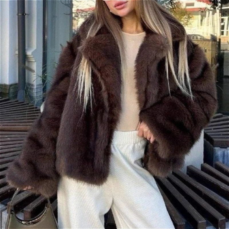 Women Solid Faux Fur Coats Short Jackets Long Sleeves Big Turn Down Collar Open Stitch Slim Elegant Casual 2026 Autumn Winter
