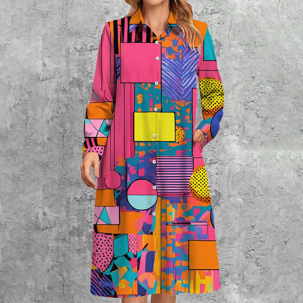 Women's Colourful Geometric Print Shirt Dress Elegant Fashion Lapel Button Down Dress Chic Spring Ladies Knee-Length Long Dress