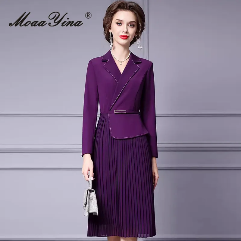 MoaaYina Autumn Winter Women\'s Commuter Dress Notched Long Sleeved Pretty Slim-Fit Hip Wrap Pleated Splicing Lace-UP Dresses