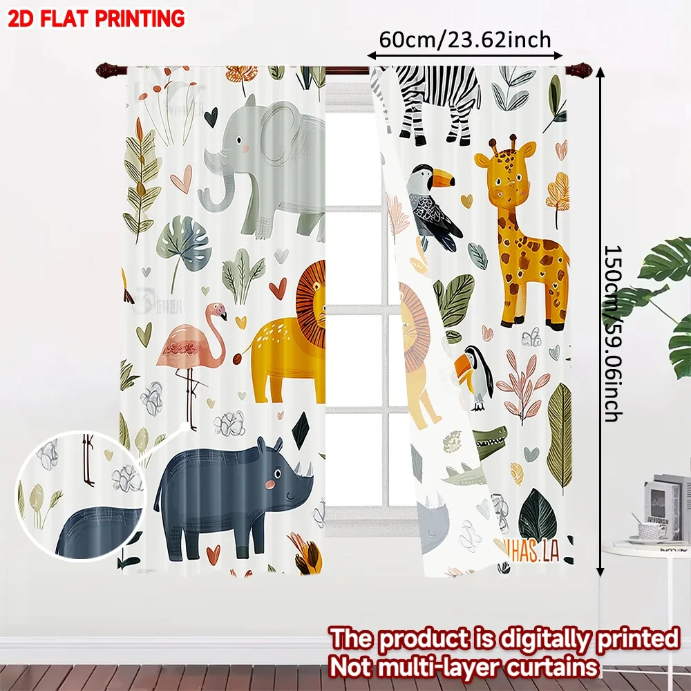 2pcs Cartoon Animal Curtains  Elephant Giraffe Lion Hippo Flamingo Toucan Crocodile with Leaves Hearts for Kids Room Decor