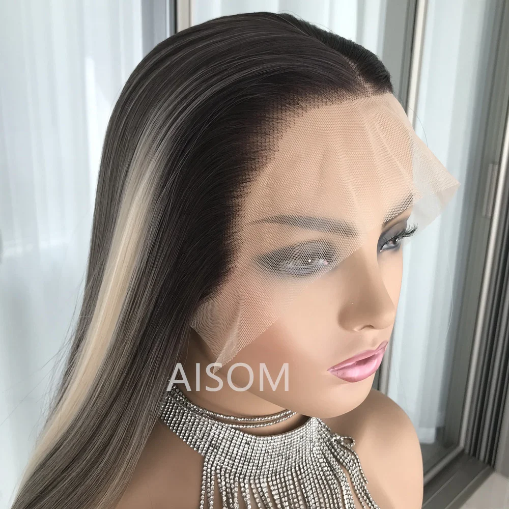 Braune Mischung blonde synthetische Spitze Perücken aisom gerade 13x4 Spitze Frontal Haar Perücken mit vor gezupften Haaransatz Faser Perücken für