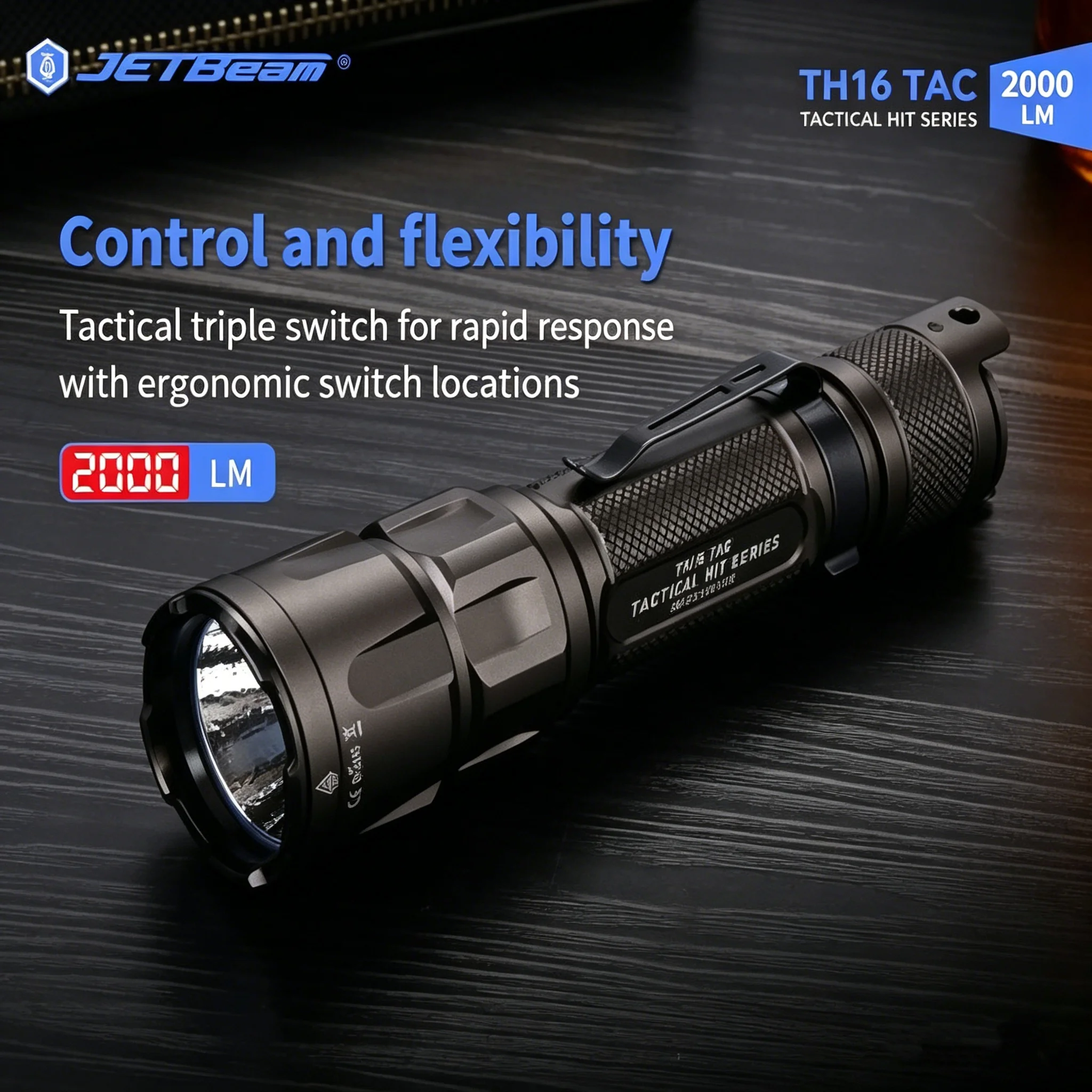 Jetbeam TH16 TAC LED Tactical Flashlight 2000 Lumen High Intensity Rechargeable Searchlight with Multiple Modes for Camping