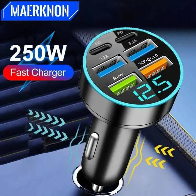 Ładowarka samochodowa USB 250 W Szybkie ładowanie PD QC3.0 Ładowarka samochodowa USB typu C do iPhone Samsung Huawei Xiaomi Szybkie ładowanie