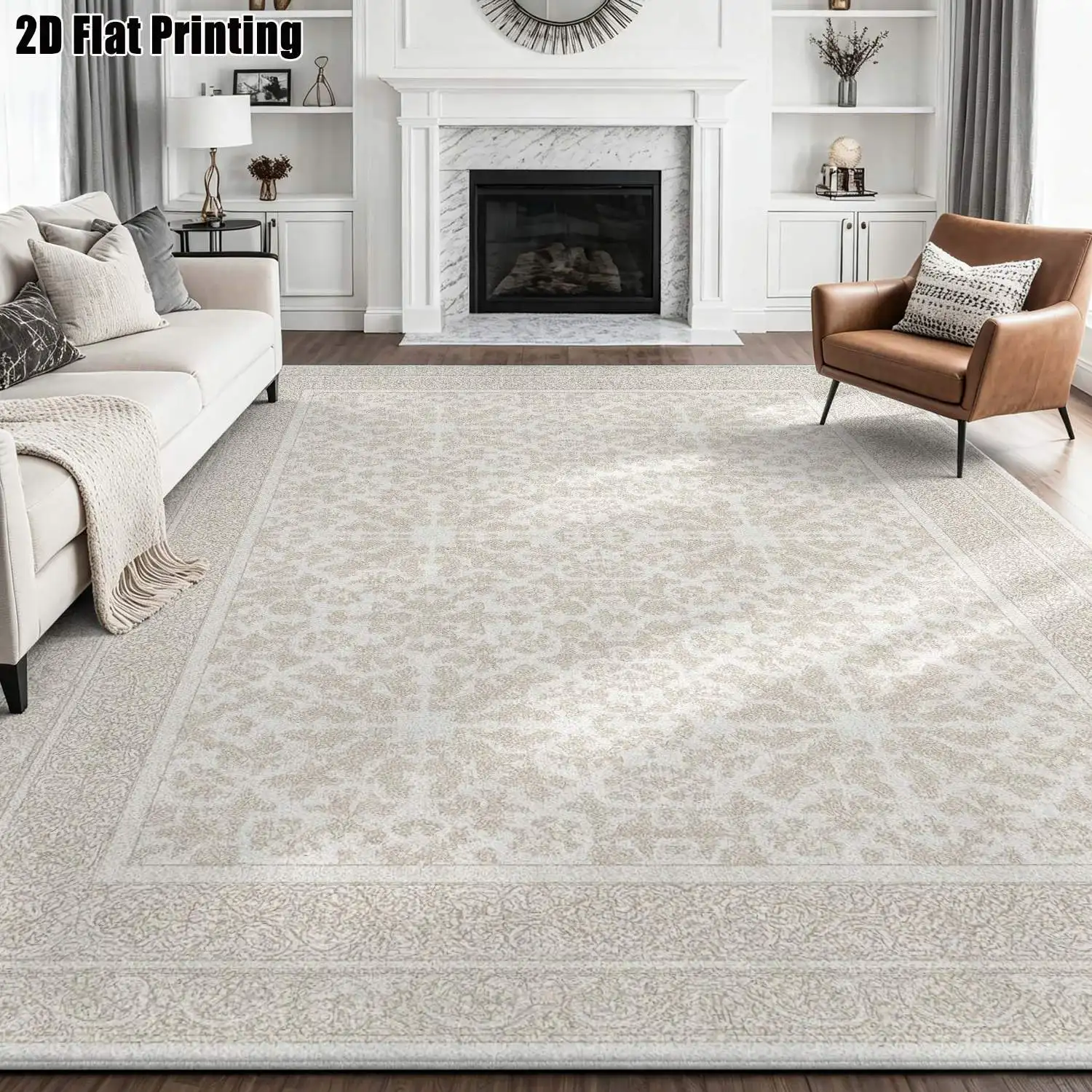 1Pc 2D Printed Beige Geometric Carpet: European Retro Style, Home Decor, Multi-Size, Machine Washable, for Entrance, Dining Room, Foyer, Bedroom, Living Room