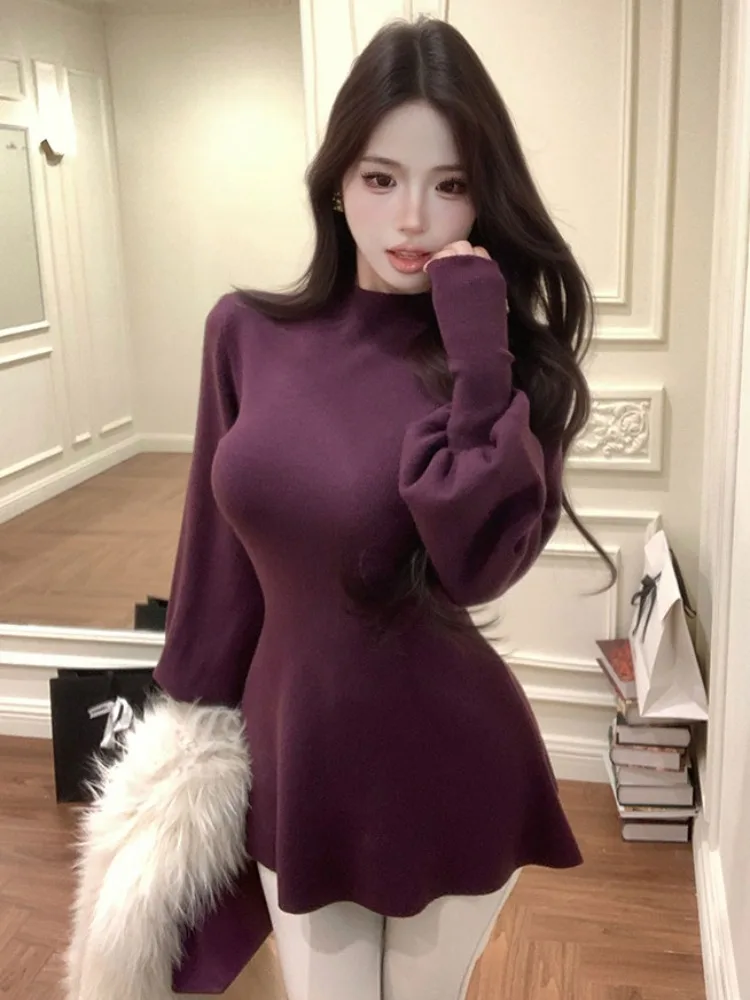 

Purple Flavor Half High Collar Soft Long Sleeve Sweater Autumn Winter Slimming Inner Wear Top French Style Knitted Fashion