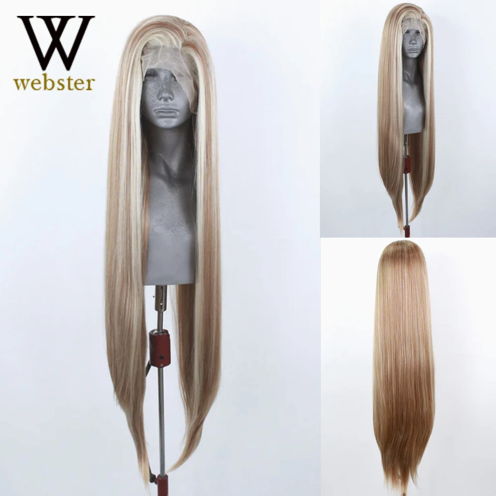 Websterwigs-Peruca dianteira do laço sintético para mulheres, louro do mel, cabelo do bebê, fibra resistente ao calor, perucas frontais do laço