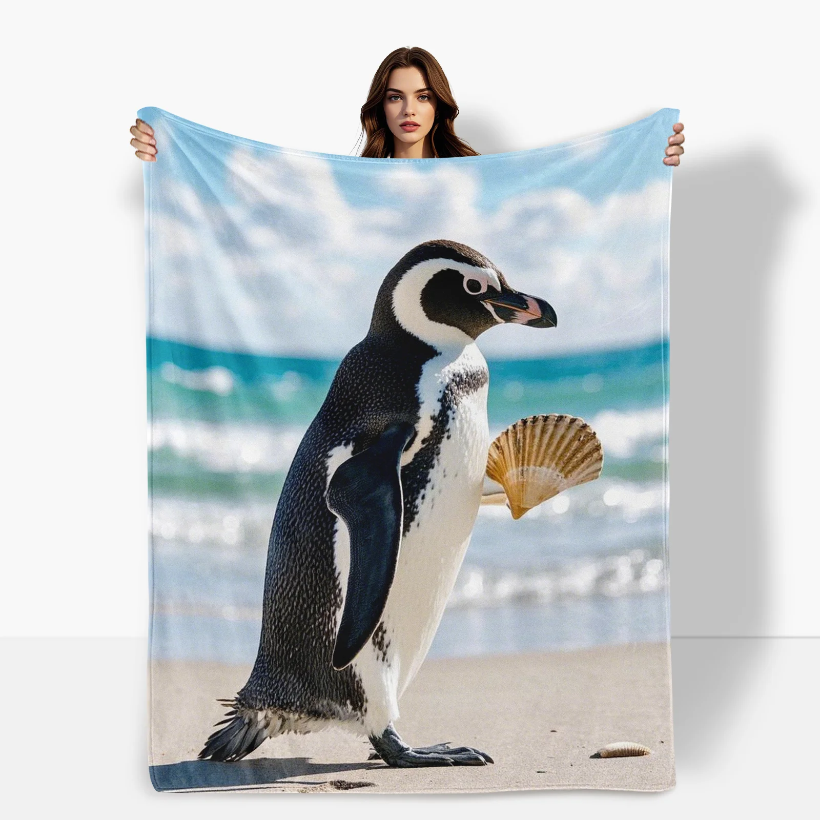 Penguin Design With Seashells Ocean Waves And Blue Sky Theme Cozy Blanket For Coastal Home Decor And Relaxing Comfort