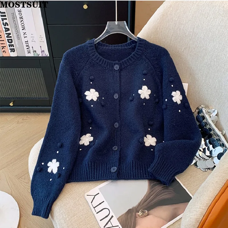 Flower Embroidery Knit Sweater Cardigan Women 2024 Winter Long Sleeve O-neck Knitwear Tops Elegant Vintage Stylish Chic Jumpers