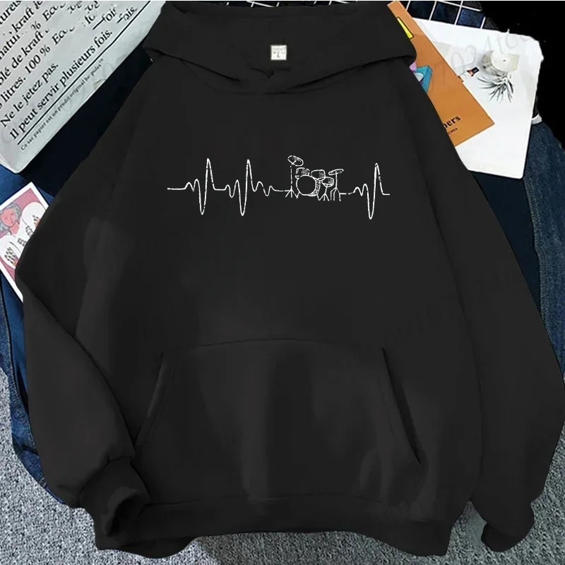 Drums Heartbeat Hoodies Funny Drummer Hooded Sweatshirt Men Women Fashion Hip Hop Vintage Long Sleeve Pullover Fleece Streetwear
